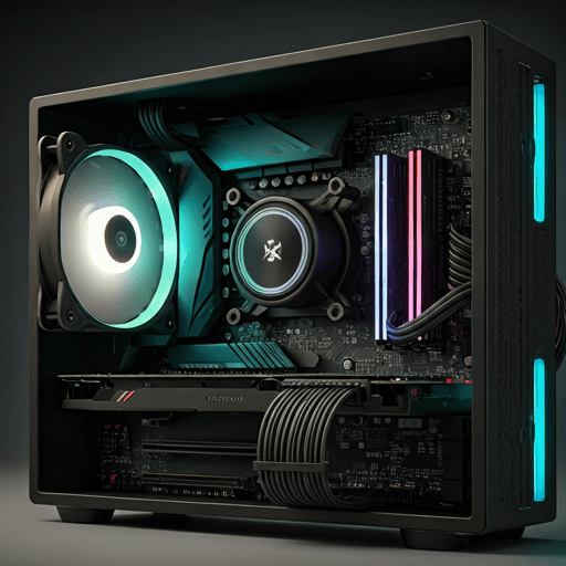 Binnenkant van een high-end gaming PC met CPU-koeler en RGB-verlichting